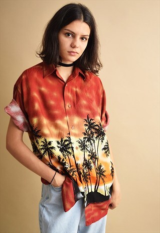 90'S RETRO HAWAII PRINT OVERSIZED SHIRT BLOUSE TOP