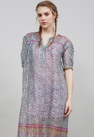 VINTAGE 70'S PINK AND YELLOW INDIAN BOHO DRESS