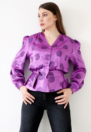 VINTAGE 90S SATIN BLOUSE BELTED PEPLUM TOP PUFFY SLEEVES 