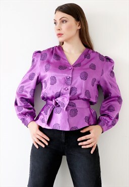 Vintage 90s Satin Blouse Belted Peplum Top Puffy Sleeves 