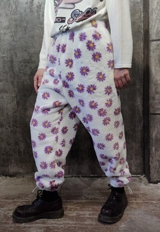 FLORAL FLEECE JOGGERS HANDMADE FLUFFY DAISY OVERALLS WHITE