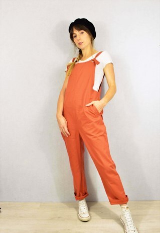 COTTON DUNGAREES RELAXED FIT LONG CORAL ORANGE