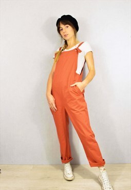 Cotton Dungarees Relaxed Fit Long Coral Orange