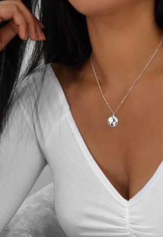 JET STERLING SILVER NECKLACE SMALL WORLD MAP GLOBE CHARM