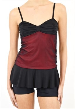 Vintage Y2K Mesh Cami Top in Black Red with Frilly Ruching