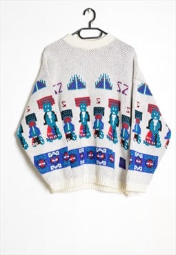 Vintage 80s White Ski Knit Aztec Print Winter Sweater