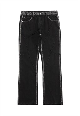 Distressed jeans cotrast line striped denim pants in black