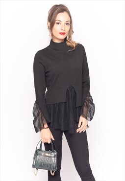 Black Jumper with Mesh Ruffle Detail