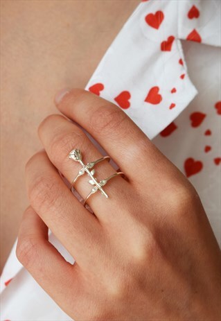SILVER INTRICATE RING WITH HANDS AND ROSE HANDMADE