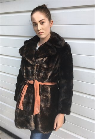 WOMENS VINTAGE DARK BROWN MIDI FAUX FUR COAT WITH BELT