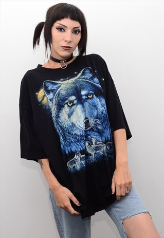 Y2K MYSTICAL NEON BLUE WOLF MOON PRINT OVERSIZED TEE