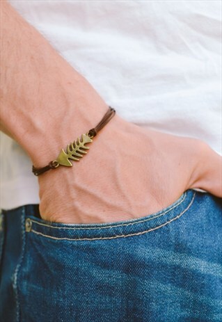 MENS BRACELET BROWN BRACELET FOR MEN WITH FISH BONE CHARM
