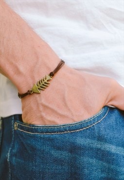 Mens bracelet brown bracelet for men with fish bone charm
