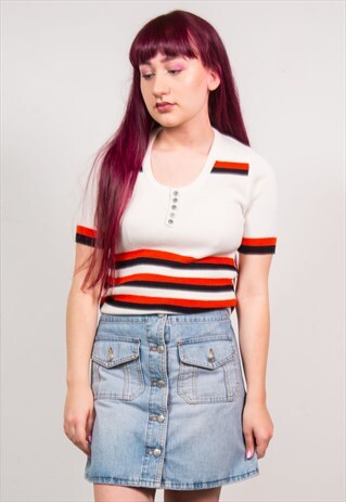 VINTAGE 70'S WHITE & RED STRIPED KNIT RIBBED TOP