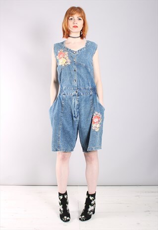 VINTAGE 80S ACID WASH DENIM FLORAL EMBROIDERED PLAYSUIT