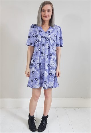 VINTAGE 70'S LILAC FLORAL SMOCK MINI DRESS