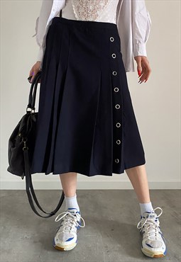 Vintage wool navy blue pleated midi skirt