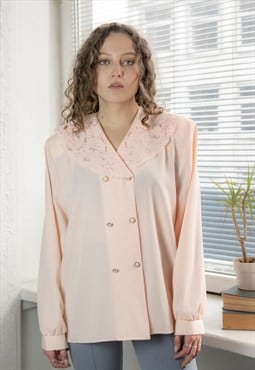 Vintage 80's Pink Embroidered Collar Double Breasted Blouse
