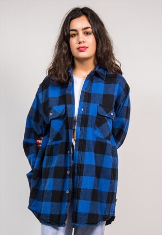 VINTAGE 90'S BLUE CHECK PATTERN OVERSIZE FLANNEL SHIRT