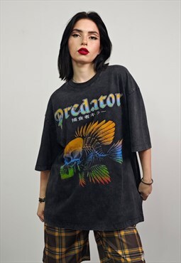 Fish bone t-shirt predator slogan tee retro top vintage grey