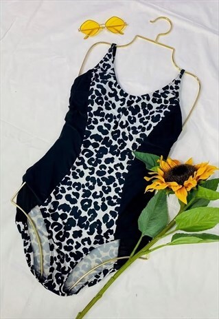 VINTAGE 80S BLACK LEOPARD PRINT SWIMSUIT