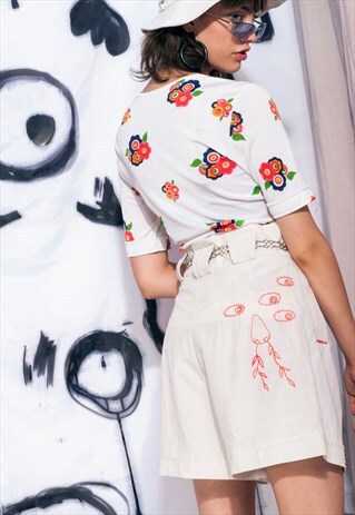 VINTAGE SHORTS REWORKED FACE EMBROIDERY HIGH WAIST TROUSERS