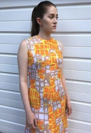 WOMENS VINTAGE 60S DRESS ORANGE PATTERNED SLEEVELESS MAXI