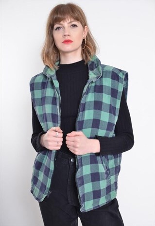 Vintage Sleeveless Check Flannel Gilet Jacket Green