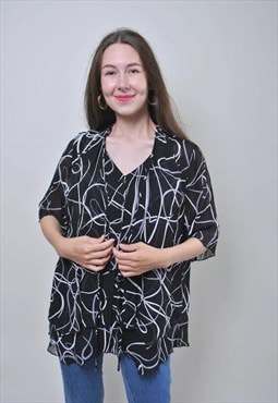 Abstract print black blouse, vintage double shirt 
