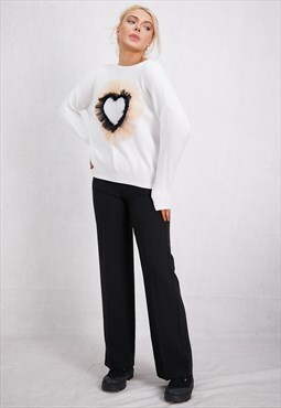 White Long Sleeve Heart Printed Jumper ONE SIZE (FIT 8 To 14