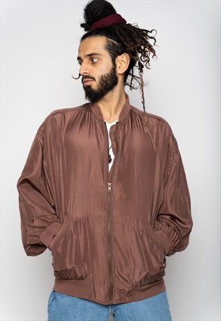 BROWN PLAIN ZIP SILK BOMBER JACKET L