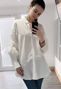 Oversized Ballon sleeves with tie up cotton blend shirt dres