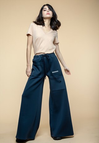 NAVY WIDE-LEG TRACK PANTS