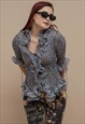 VINTAGE Y2K FITTED ANIMAL PRINT V-NECK FRILL RUFFLE BLOUSE S