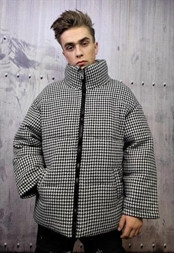 Check pattern bomber houndstooth plaid jacket in black white
