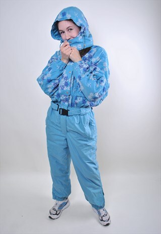 VINTAGE ABSTRACT BLUE SKI SUIT, WOMAN ONE PIECE SNOW SUIT