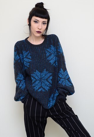 VINTAGE 90'S BLUE ICE PATTERNED SLOUCHY JUMPER