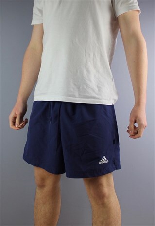 VINTAGE ADIDAS SHORTS IN NAVY WITH POCKETS, EMBROIDERED LOGO