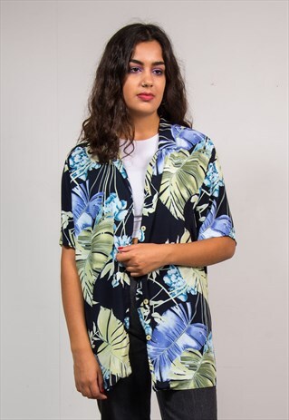90'S VINTAGE BLACK FLORAL LEAF PATTERN TROPICAL SHIRT