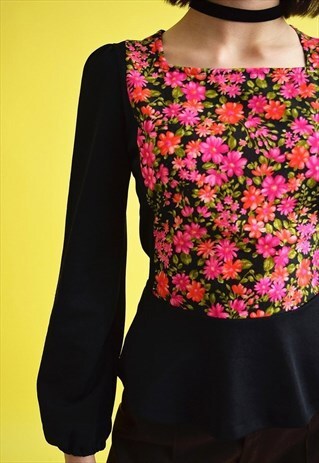 VINTAGE 70'S RETRO BOHO FLORAL PATTERN PEPLUM BLOUSE