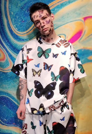 BUTTERFLY PRINT TEE HANDMADE EDGY CARTOON EMOJI T-SHIRT