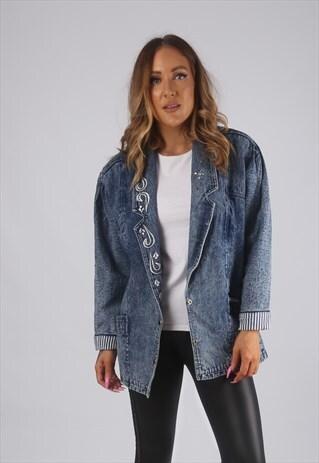 VINTAGE DENIM BLAZER JACKET ACID WASH STRIPED LONGLINE (7BE)