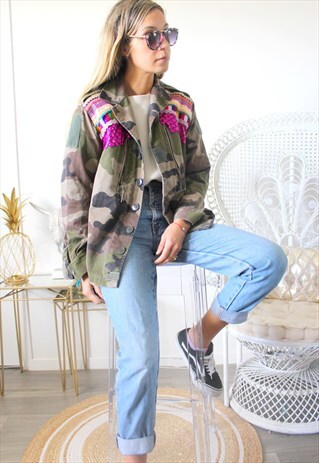 VINTAGE KHAKI JACKET MILITARY ETHNIC EMBROIDERY