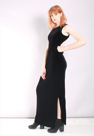 VINTAGE 90S BLACK VELVET BACKLESS THIGH SPLIT MAXI DRESS