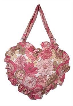 Pink Vintage Floral Ruffle Heart Tote Bag