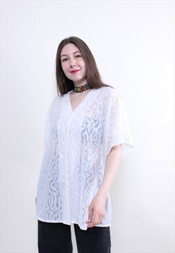 Vintage white blouse, sheer button down blouse, Size L