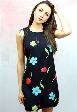 1990S VINTAGE BLACK FLORAL SILKY MINI DRESS