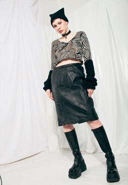 Vintage Leather Skirt 80s Pencil Midi in Black