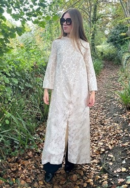 60's Vintage Gold Cream Metallic Brocade Maxi Coat