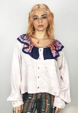 Upcycled Candy Pink And 70's Flowers Ruffled Blouse
